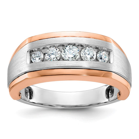 14k White and Rose Gold Men's Polished Satin and Grooved 5-Stone 1/2 Carat AA Quality Diamond Ring