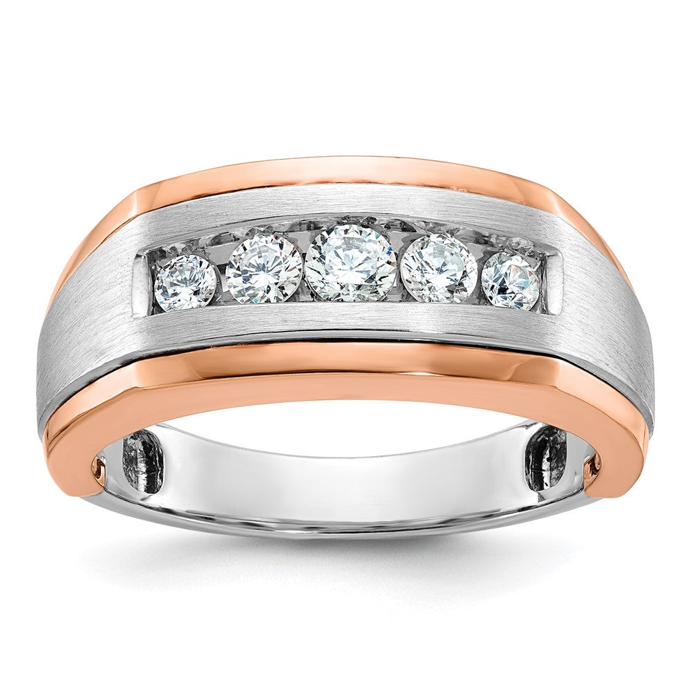 14k White and Rose Gold Men's Polished Satin and Grooved 5-Stone 1/2 Carat AA Quality Diamond Ring
