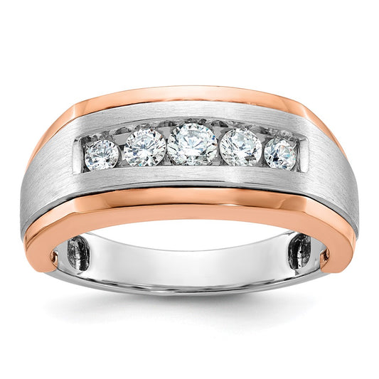 14k White and Rose Gold Men's Polished Satin and Grooved 5-Stone 1/2 Carat AA Quality Diamond Ring
