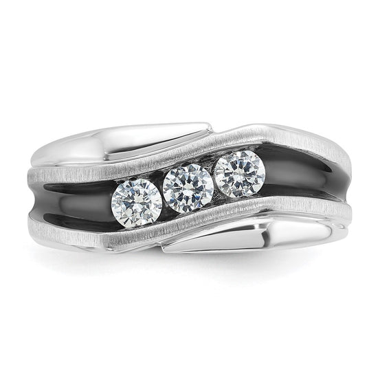 14k White Gold with Black Rhodium Men's Polished Satin and Grooved 3-Stone 1/2 Carat AA Quality Diamond Ring