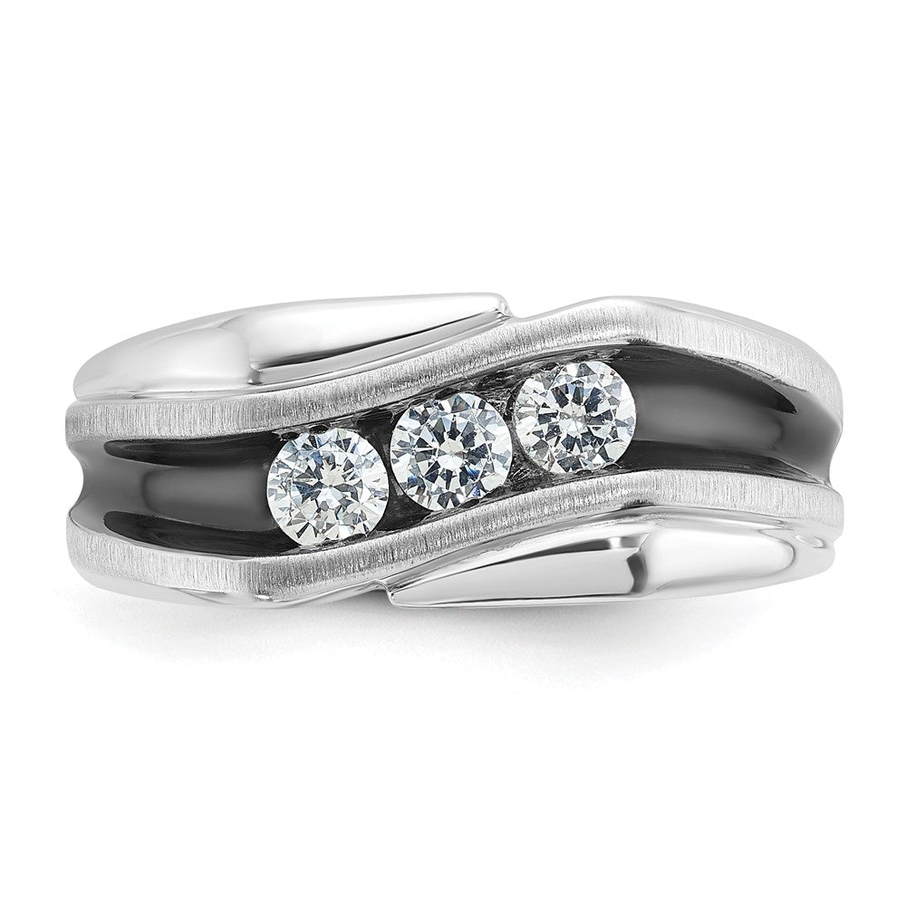 14k White Gold with Black Rhodium Men's Polished Satin and Grooved 3-Stone 1/2 Carat AA Quality Diamond Ring