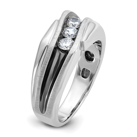 14k White Gold with Black Rhodium Men's Polished Satin and Grooved 3-Stone 1/2 Carat AA Quality Diamond Ring