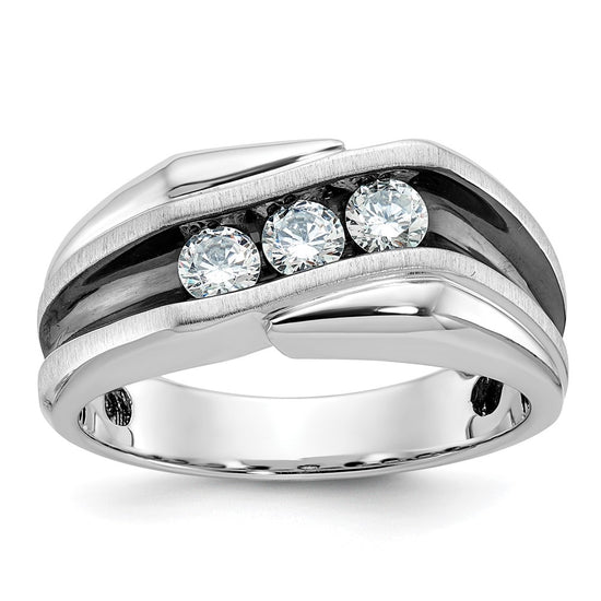 14k White Gold with Black Rhodium Men's Polished Satin and Grooved 3-Stone 1/2 Carat AA Quality Diamond Ring