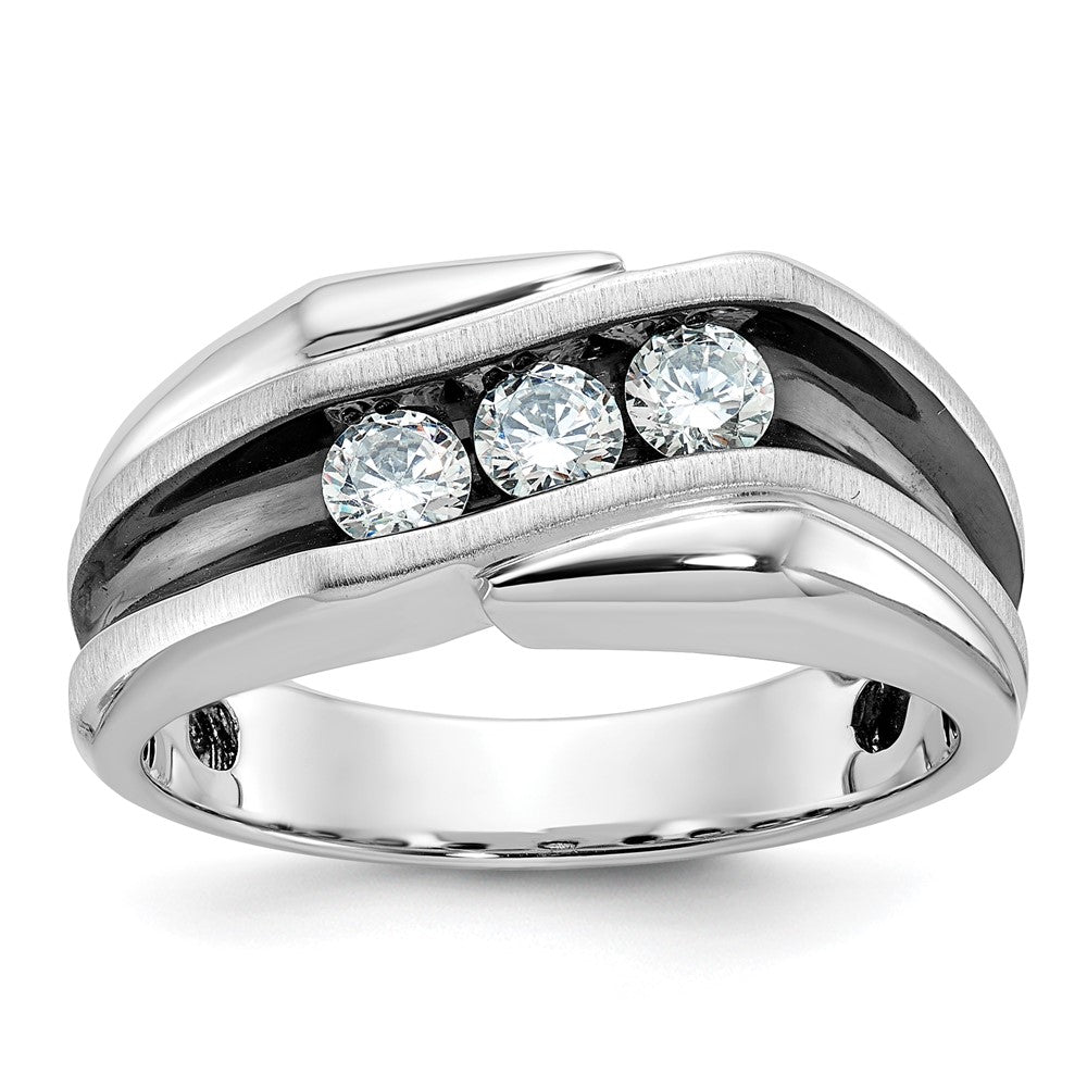 14k White Gold with Black Rhodium Men's Polished Satin and Grooved 3-Stone 1/2 Carat AA Quality Diamond Ring