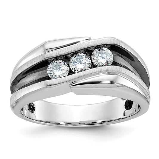 14k White Gold with Black Rhodium Men's Polished Satin and Grooved 3-Stone 1/2 Carat AA Quality Diamond Ring