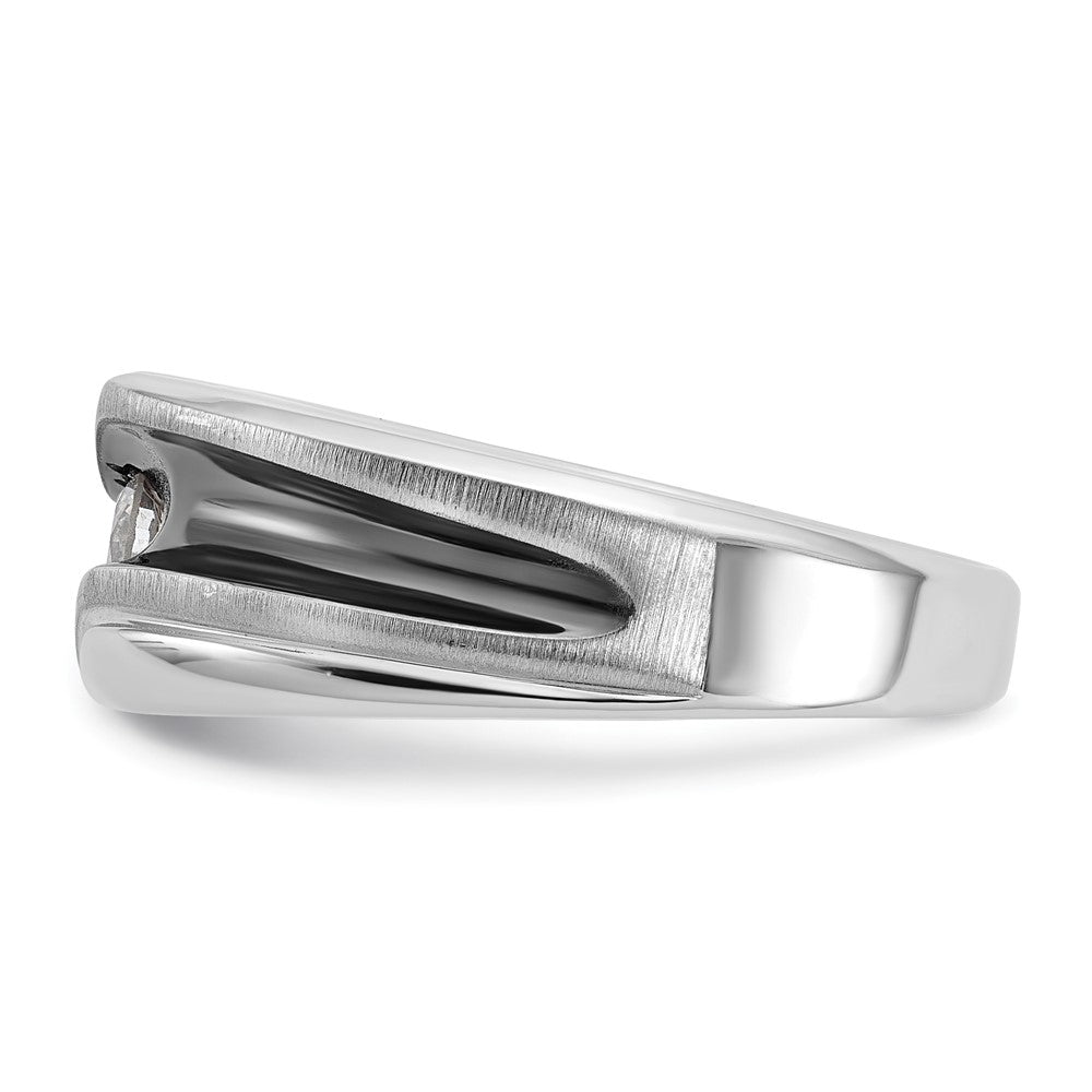 14k White Gold with Black Rhodium Men's Polished Satin and Grooved Solitaire 1/5 Carat AA Quality Diamond Ring