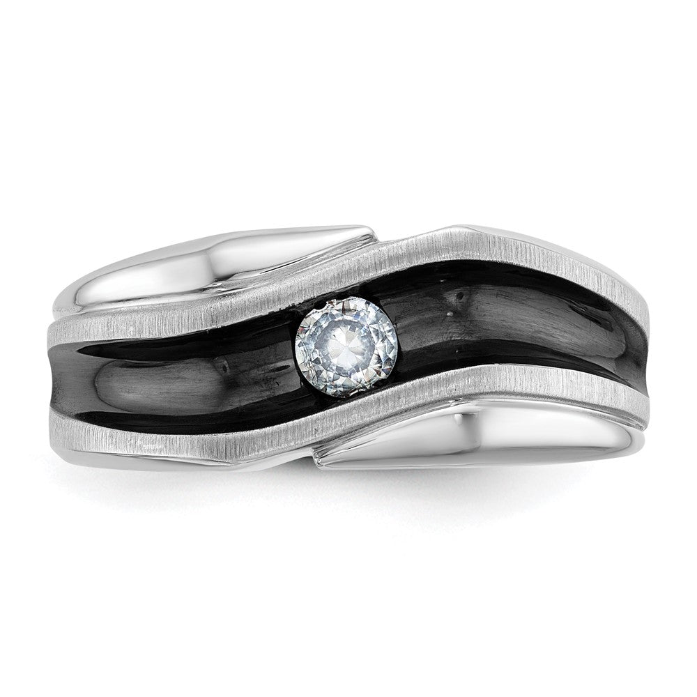 14k White Gold with Black Rhodium Men's Polished Satin and Grooved Solitaire 1/5 Carat AA Quality Diamond Ring