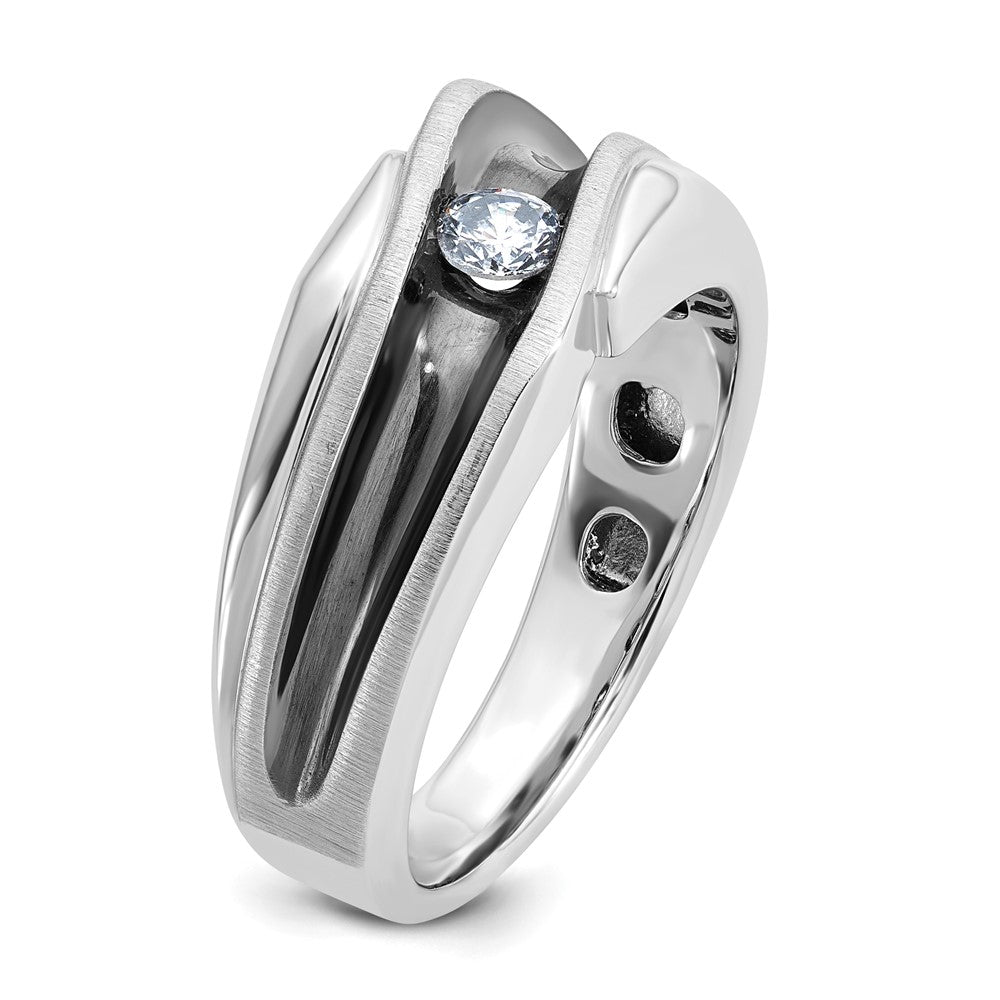 14k White Gold with Black Rhodium Men's Polished Satin and Grooved Solitaire 1/5 Carat AA Quality Diamond Ring
