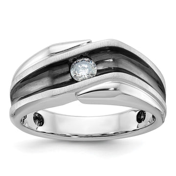 14k White Gold with Black Rhodium Men's Polished Satin and Grooved Solitaire 1/5 Carat AA Quality Diamond Ring