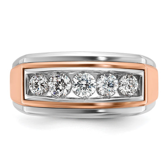 14k White and Rose Gold Men's Polished and Grooved 5-Stone 1 Carat AA Quality Diamond Ring