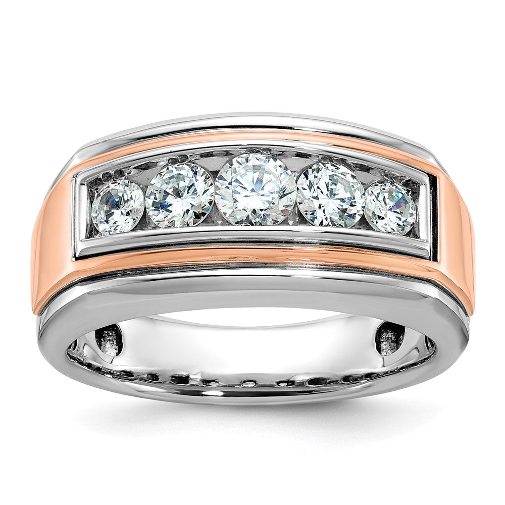 14k White and Rose Gold Men's Polished and Grooved 5-Stone 1 Carat AA Quality Diamond Ring