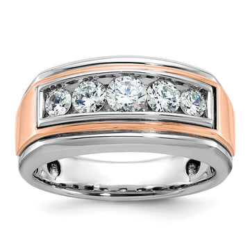 14k White and Rose Gold Men's Polished and Grooved 5-Stone 1 Carat AA Quality Diamond Ring