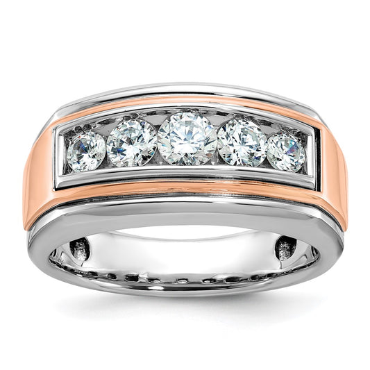 14k White and Rose Gold Men's Polished and Grooved 5-Stone 1 Carat AA Quality Diamond Ring