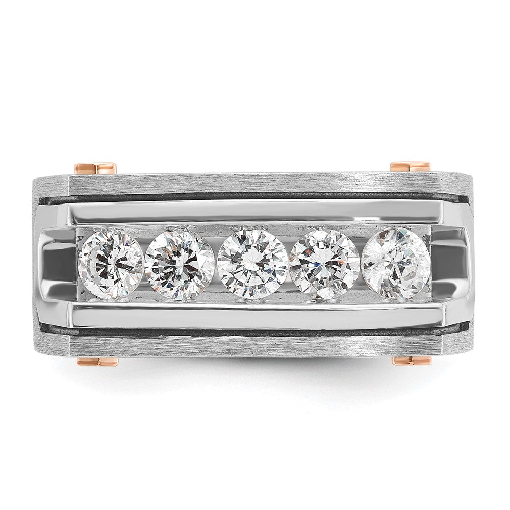 14k White and Rose Gold with Black Rhodium Men's Polished Satin and Grooved 5-Stone 1 Carat AA Quality Diamond Ring