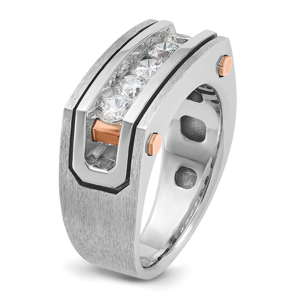 14k White and Rose Gold with Black Rhodium Men's Polished Satin and Grooved 5-Stone 1 Carat AA Quality Diamond Ring