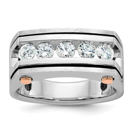 14k White and Rose Gold with Black Rhodium Men's Polished Satin and Grooved 5-Stone 1 Carat AA Quality Diamond Ring