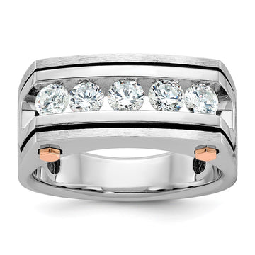 14k White and Rose Gold with Black Rhodium Men's Polished Satin and Grooved 5-Stone 1 Carat AA Quality Diamond Ring