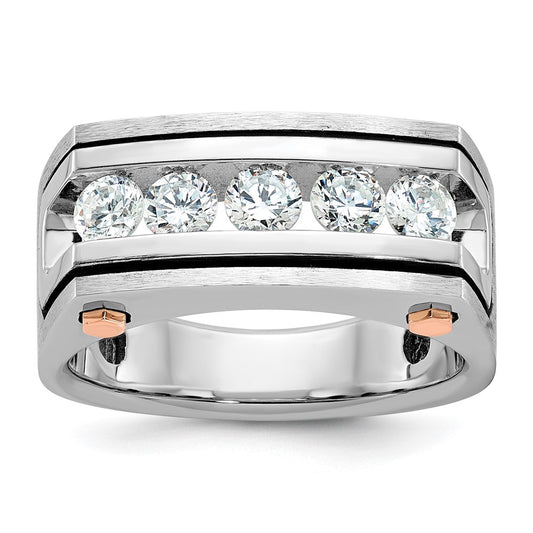14k White and Rose Gold with Black Rhodium Men's Polished Satin and Grooved 5-Stone 1 Carat AA Quality Diamond Ring