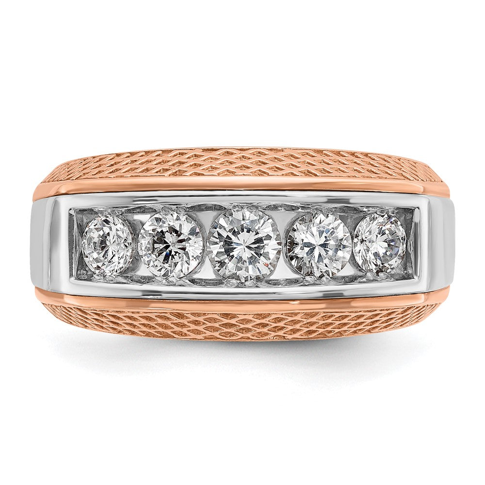 14k White and Rose Gold Men's Polished and Textured 5-Stone 1 Carat AA Quality Diamond Ring