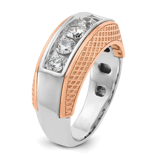 14k White and Rose Gold Men's Polished and Textured 5-Stone 1 Carat AA Quality Diamond Ring