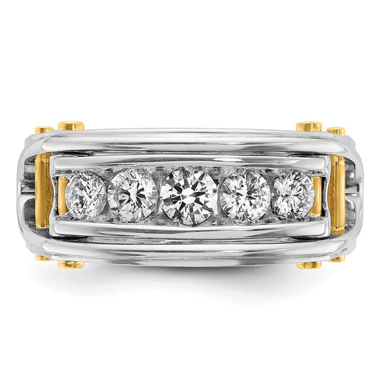 14k Two-tone Men's Polished Grooved and Cut-Out 5-Stone 1 Carat AA Quality Diamond Ring