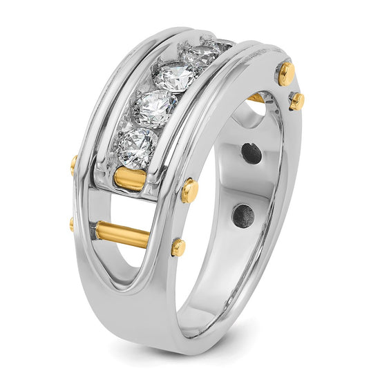 14k Two-tone Men's Polished Grooved and Cut-Out 5-Stone 1 Carat AA Quality Diamond Ring