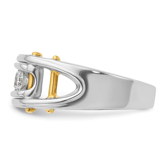 14k Two-tone Men's Polished Grooved and Cut-Out 3-Stone 1/2 Carat AA Quality Diamond Ring