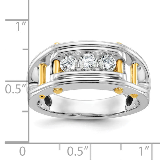 14k Two-tone Men's Polished Grooved and Cut-Out 3-Stone 1/2 Carat AA Quality Diamond Ring
