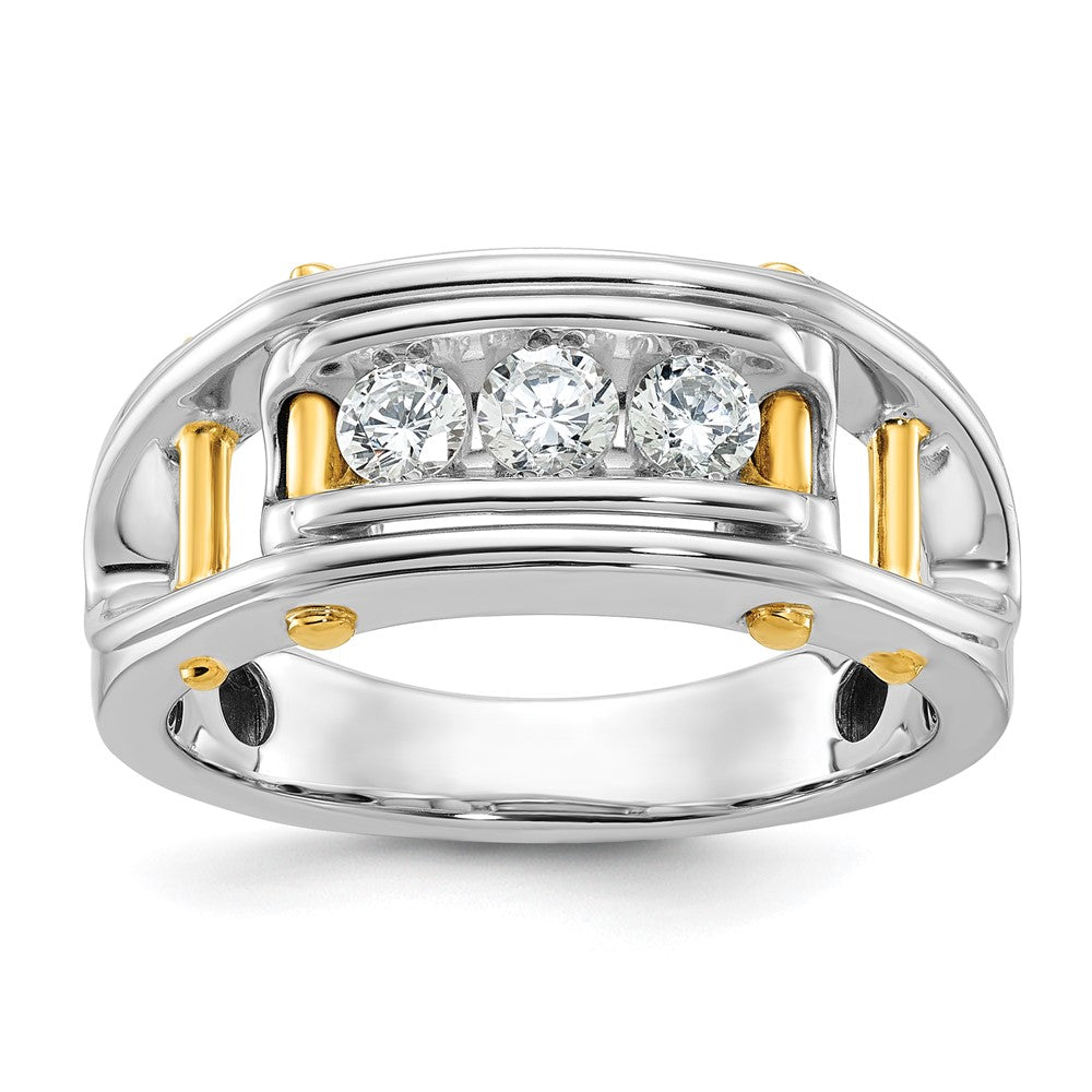 14k Two-tone Men's Polished Grooved and Cut-Out 3-Stone 1/2 Carat AA Quality Diamond Ring