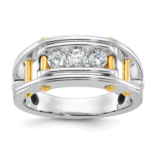 14k Two-tone Men's Polished Grooved and Cut-Out 3-Stone 1/2 Carat AA Quality Diamond Ring