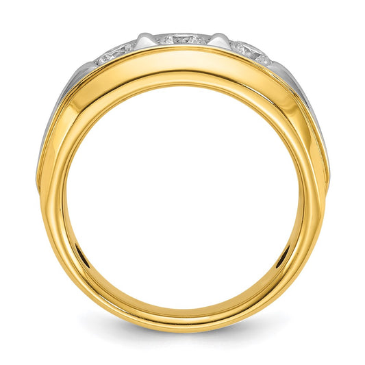 14k Two-tone Men's Polished and Grooved 3-Stone 3/4 Carat AA Quality Diamond Ring