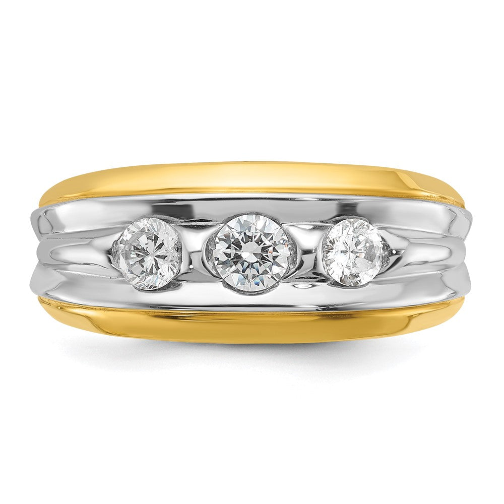 14k Two-tone Men's Polished and Grooved 3-Stone 3/4 Carat AA Quality Diamond Ring