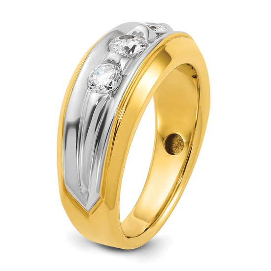 14k Two-tone Men's Polished and Grooved 3-Stone 3/4 Carat AA Quality Diamond Ring
