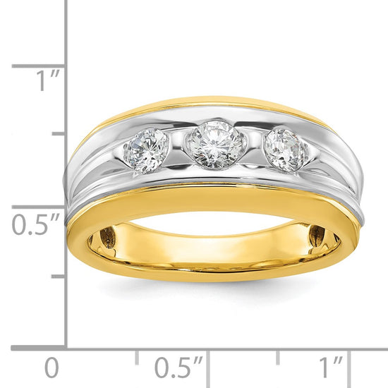 14k Two-tone Men's Polished and Grooved 3-Stone 3/4 Carat AA Quality Diamond Ring