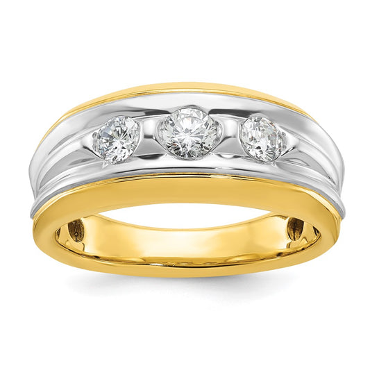 14k Two-tone Men's Polished and Grooved 3-Stone 3/4 Carat AA Quality Diamond Ring