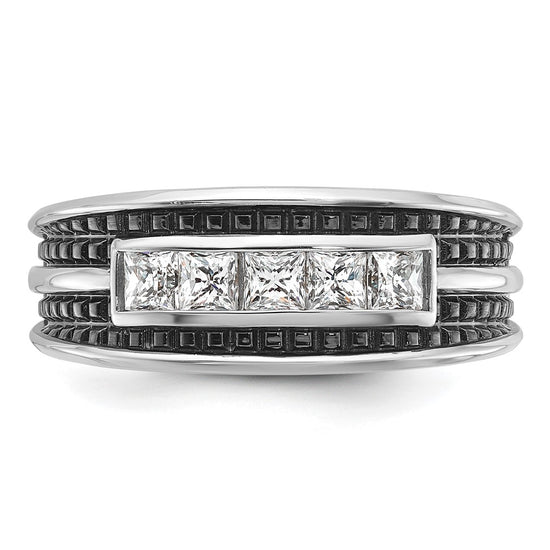 14k White Gold with Black Rhodium Men's Polished and Textured Square 5-Stone 3/4 Carat AA Quality Diamond Ring