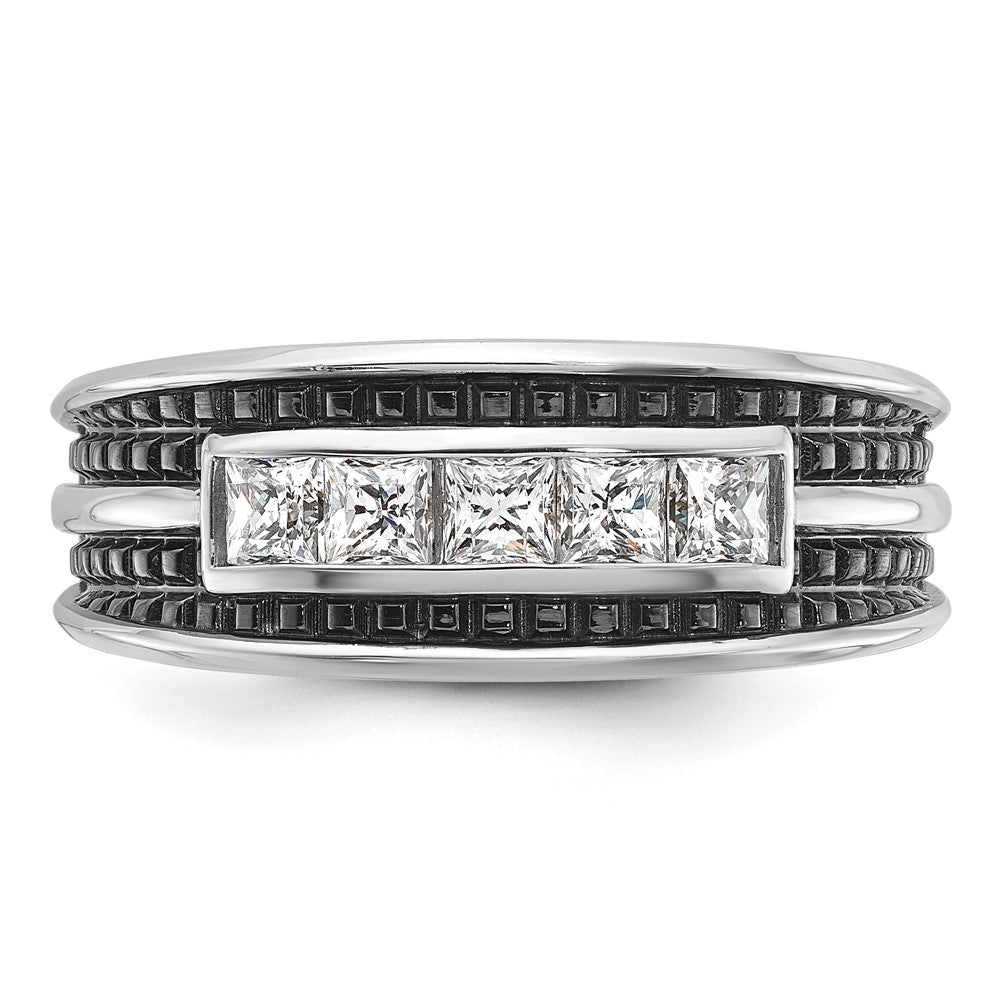 14k White Gold with Black Rhodium Men's Polished and Textured Square 5-Stone 3/4 Carat AA Quality Diamond Ring