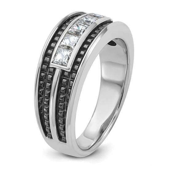14k White Gold with Black Rhodium Men's Polished and Textured Square 5-Stone 3/4 Carat AA Quality Diamond Ring