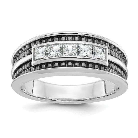 14k White Gold with Black Rhodium Men's Polished and Textured Square 5-Stone 3/4 Carat AA Quality Diamond Ring