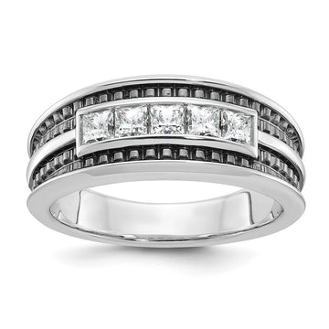 14k White Gold with Black Rhodium Men's Polished and Textured Square 5-Stone 3/4 Carat AA Quality Diamond Ring