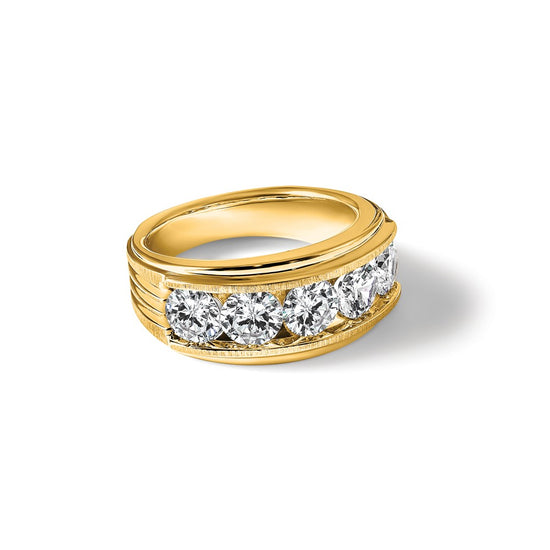 True Origin IBGoodman 14k 3 1/2 carat Lab Grown Diamond VS+ F+ Five Stone Complete Polished Brushed and Grooved Men's Ring