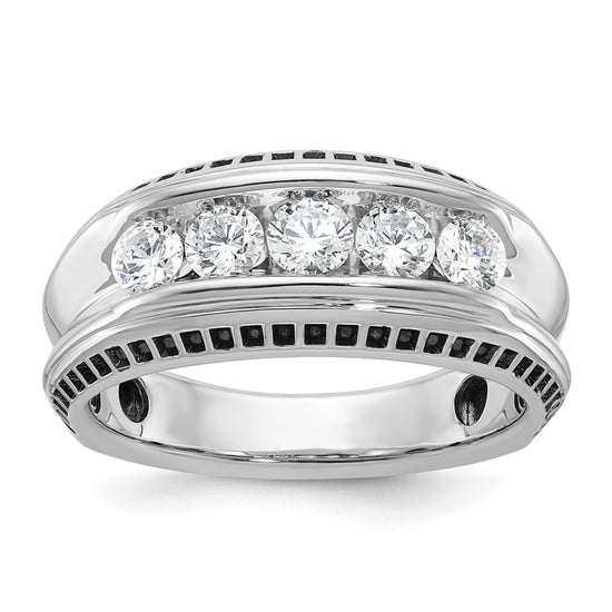 14k White Gold with Black Rhodium Men's Polished and Textured 5-Stone 1 Carat AA Quality Diamond Ring