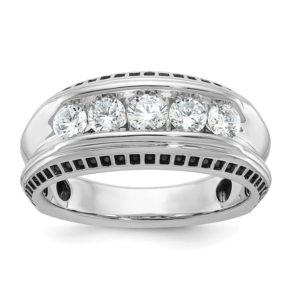 14k White Gold with Black Rhodium Men's Polished and Textured 5-Stone 1 Carat AA Quality Diamond Ring