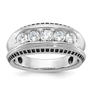14k White Gold with Black Rhodium Men's Polished and Textured 5-Stone 1 Carat AA Quality Diamond Ring