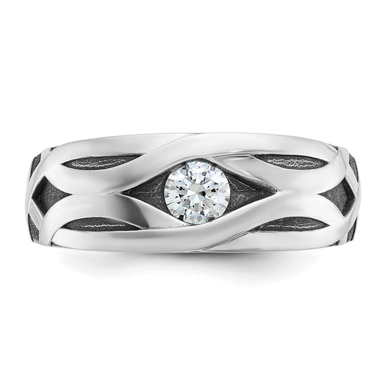 IBGoodman 14k White Gold with Black Rhodium Men's Polished Satin and Grooved 3/8 Carat AA Quality Diamond Ring
