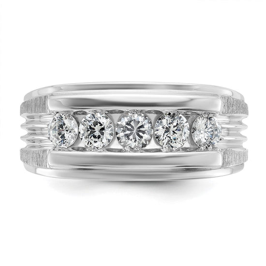 14k White Gold Men's Polished Brushed and Grooved 5-Stone 1 Carat AA Quality Diamond Ring