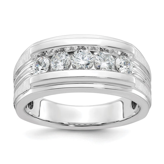 14k White Gold Men's Polished Brushed and Grooved 5-Stone 1 Carat AA Quality Diamond Ring