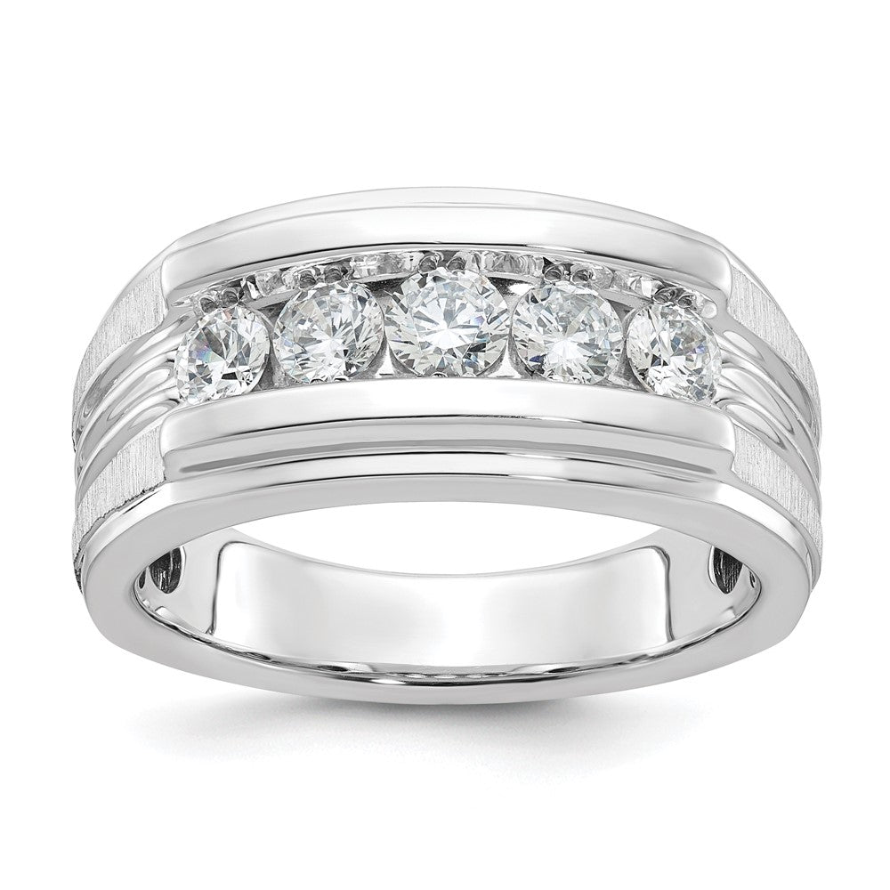 14k White Gold Men's Polished Brushed and Grooved 5-Stone 1 Carat AA Quality Diamond Ring