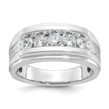 14k White Gold Men's Polished Brushed and Grooved 5-Stone 1 Carat AA Quality Diamond Ring