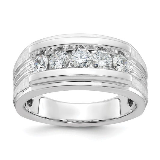 14k White Gold Men's Polished Brushed and Grooved 5-Stone 1 Carat AA Quality Diamond Ring